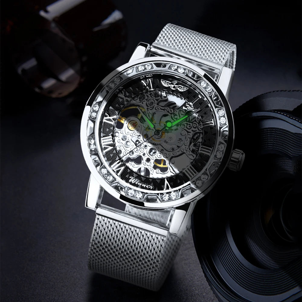 Luxury Carved Skeleton Men's Watch with Mesh Strap