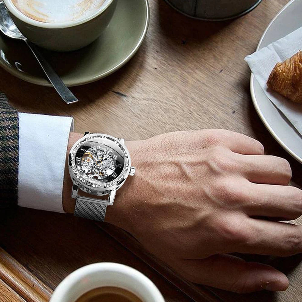 Luxury Carved Skeleton Men's Watch with Mesh Strap