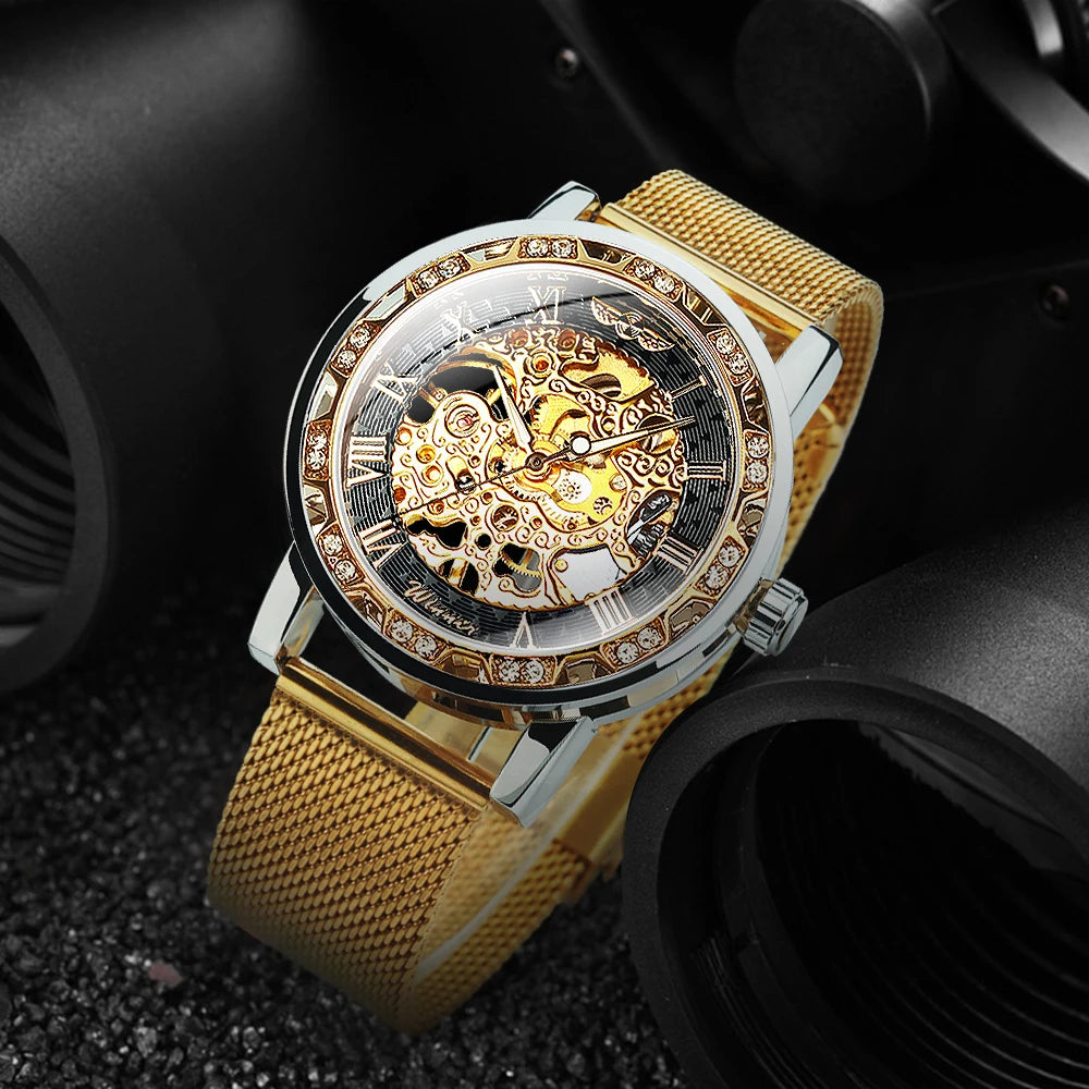 Luxury Carved Skeleton Men's Watch with Mesh Strap