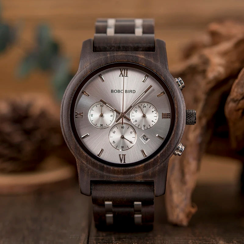 Wooden Stainless Steel Chronograph Watch