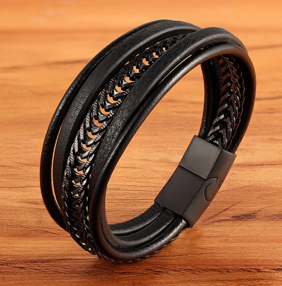 Multi-Layer Stainless Steel & Leather Men's Bracelet