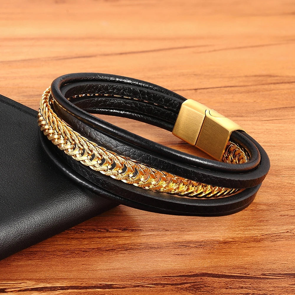 Multi-Layer Stainless Steel & Leather Men's Bracelet
