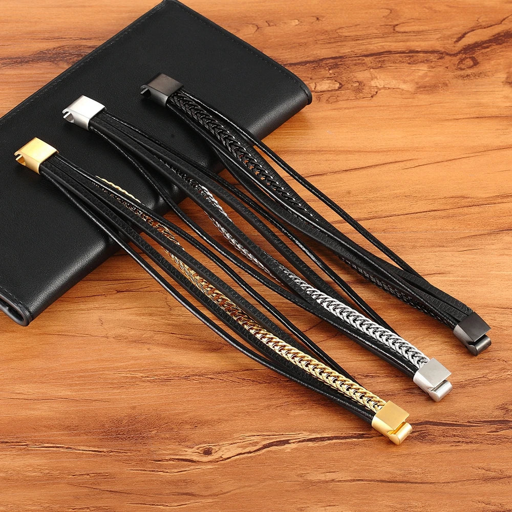 Multi-Layer Stainless Steel & Leather Men's Bracelet