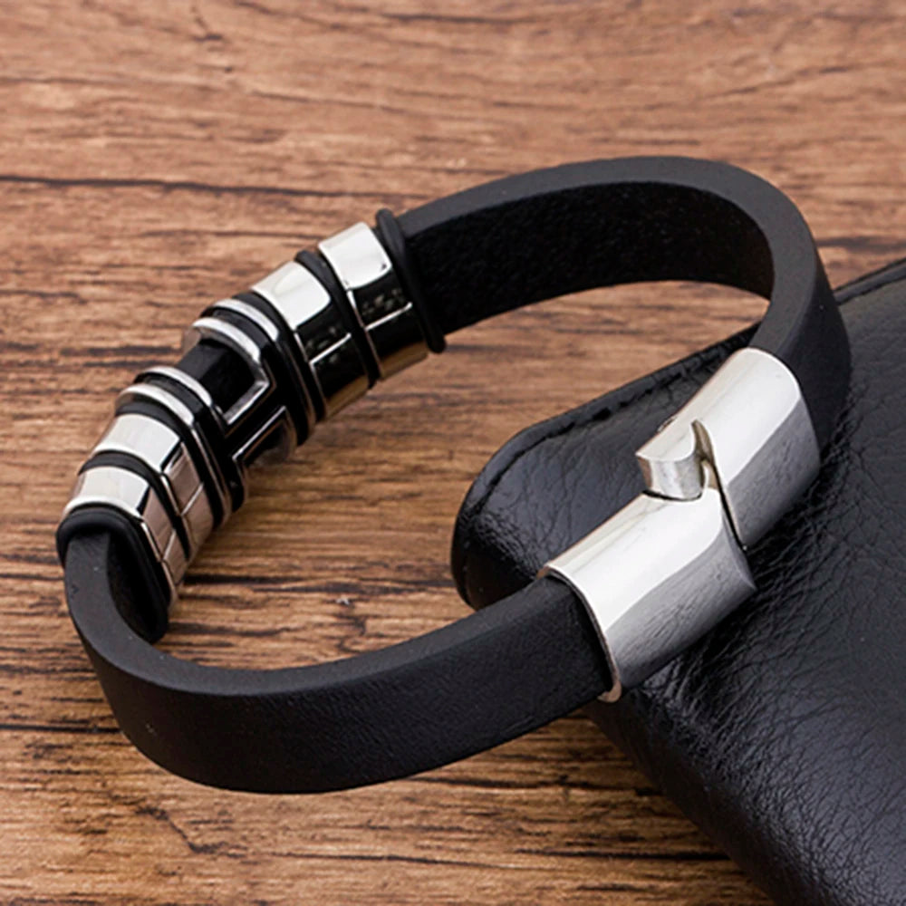 Men's Leather Stainless Steel Charm Bracelet