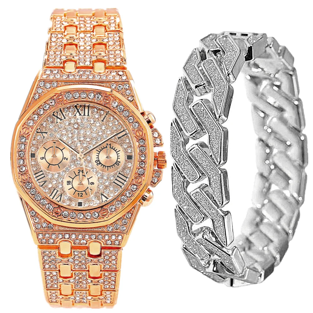 Cuban Chain Gold Watch Set