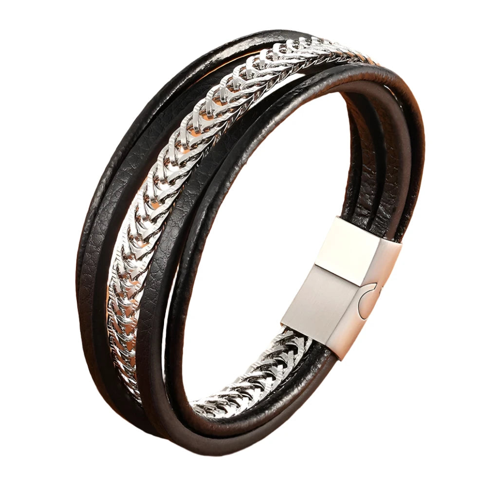 Multi-Layer Stainless Steel & Leather Men's Bracelet