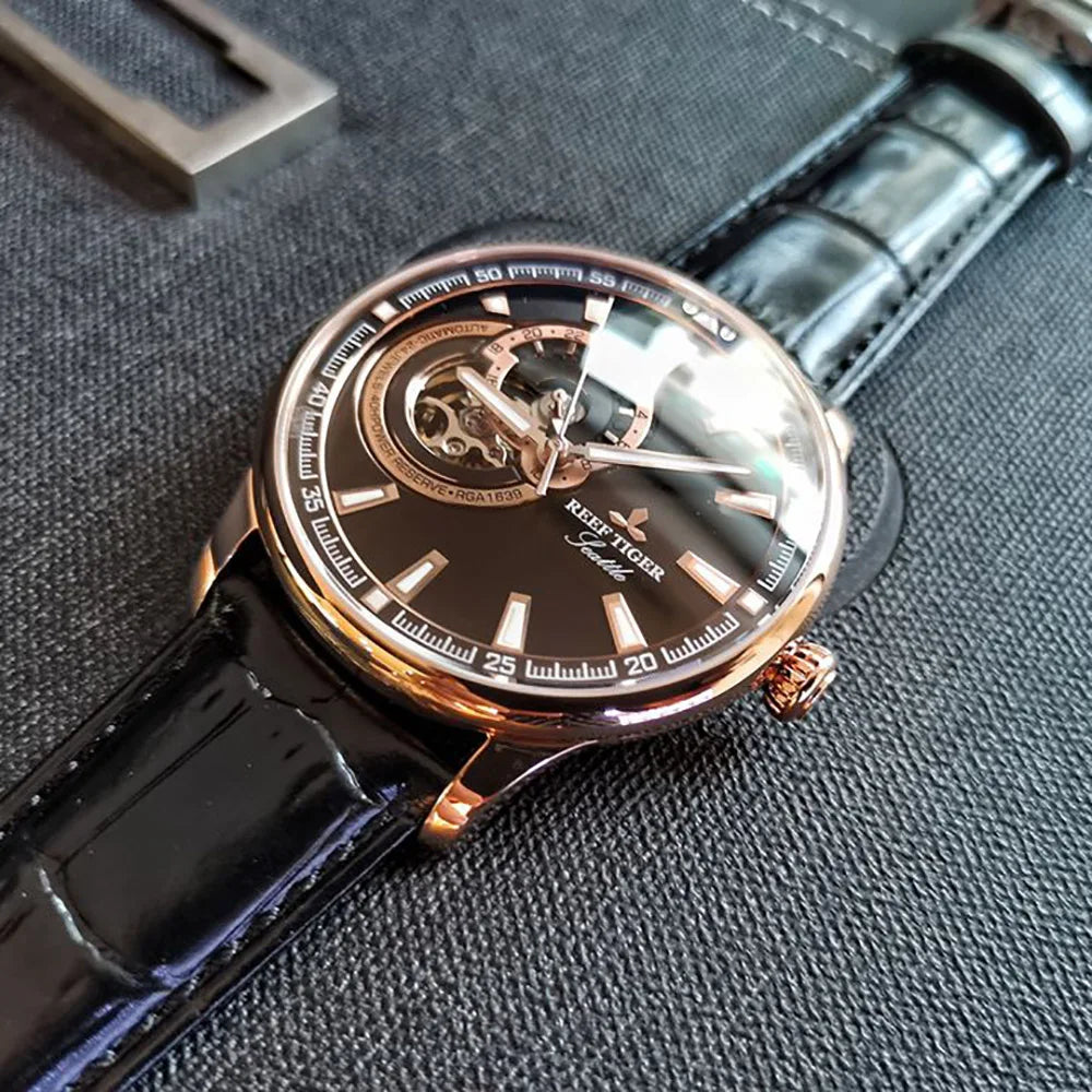 Men Leather Strap Gold Automatic Watch