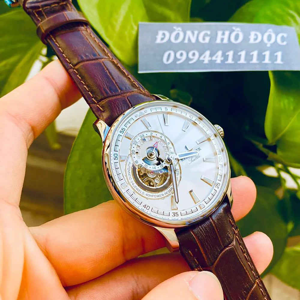Men Leather Strap Gold Automatic Watch