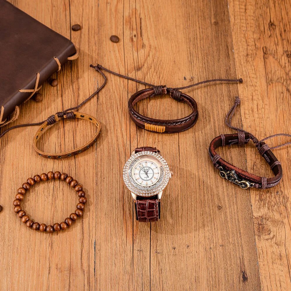 Leather Strap Bracelet Set Watch Gift Box