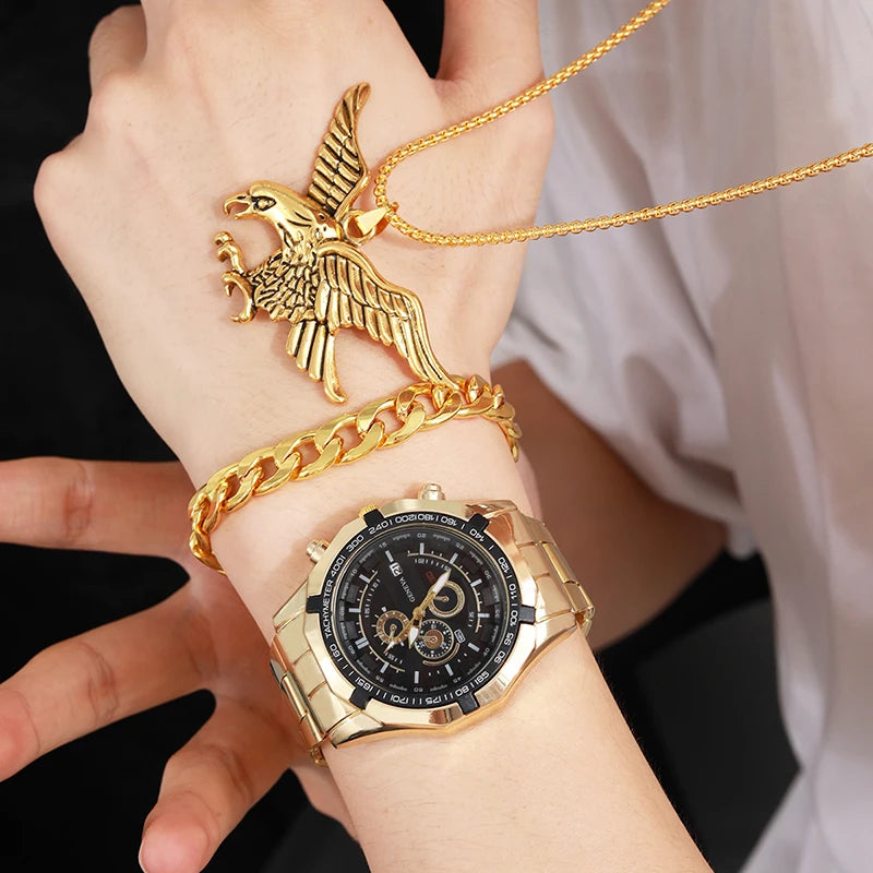 Male Casual Necklace Bracelet Wristwatch Gift
