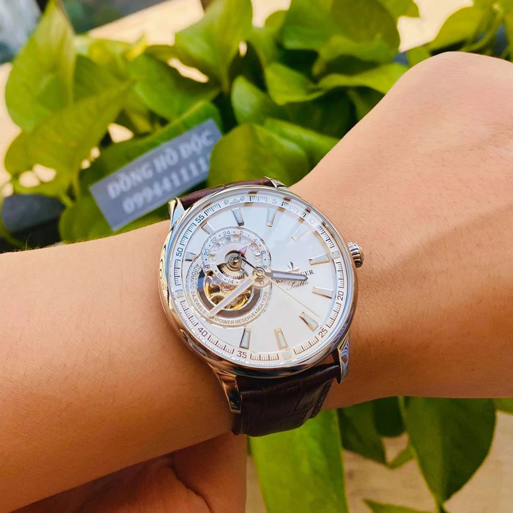 Men Leather Strap Gold Automatic Watch