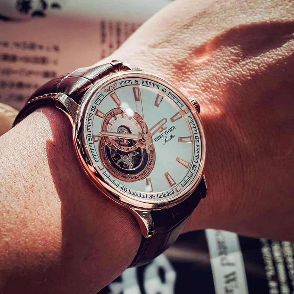 Men Leather Strap Gold Automatic Watch