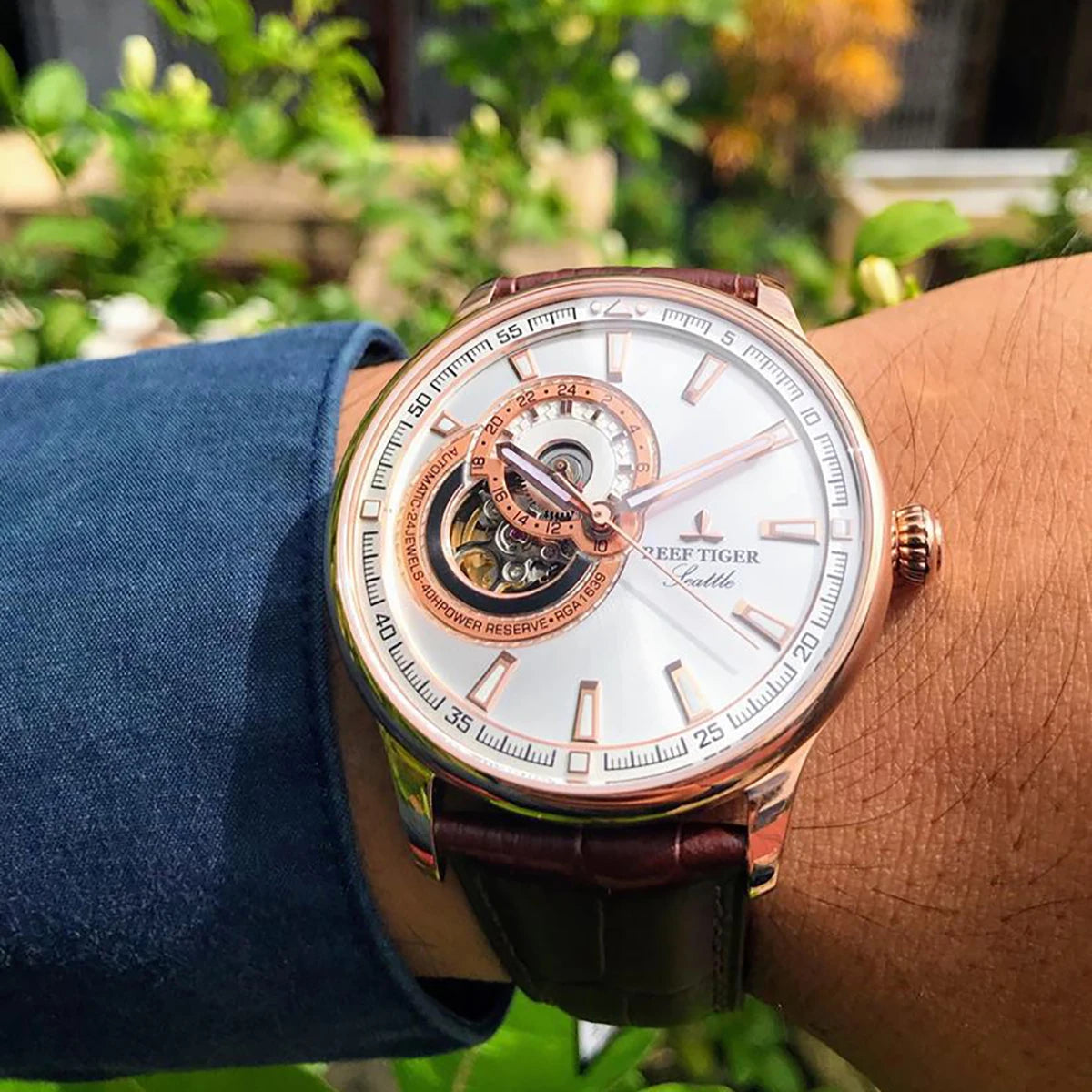 Men Leather Strap Gold Automatic Watch