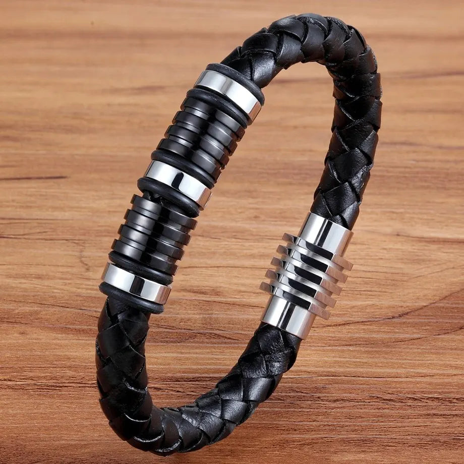 Genuine Leather Black Magnetic Buckle Men’s Bracelet