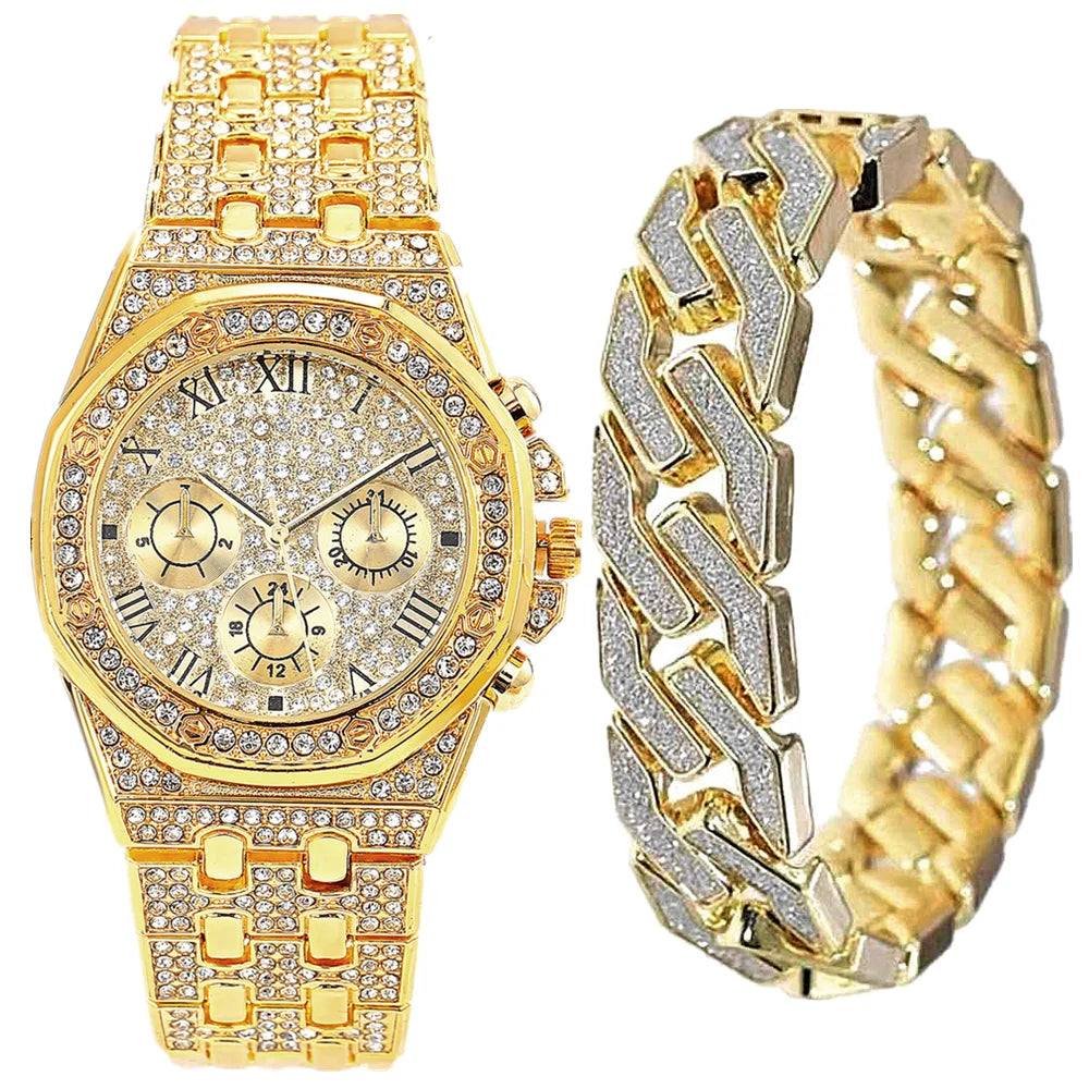 Cuban Chain Gold Watch Set