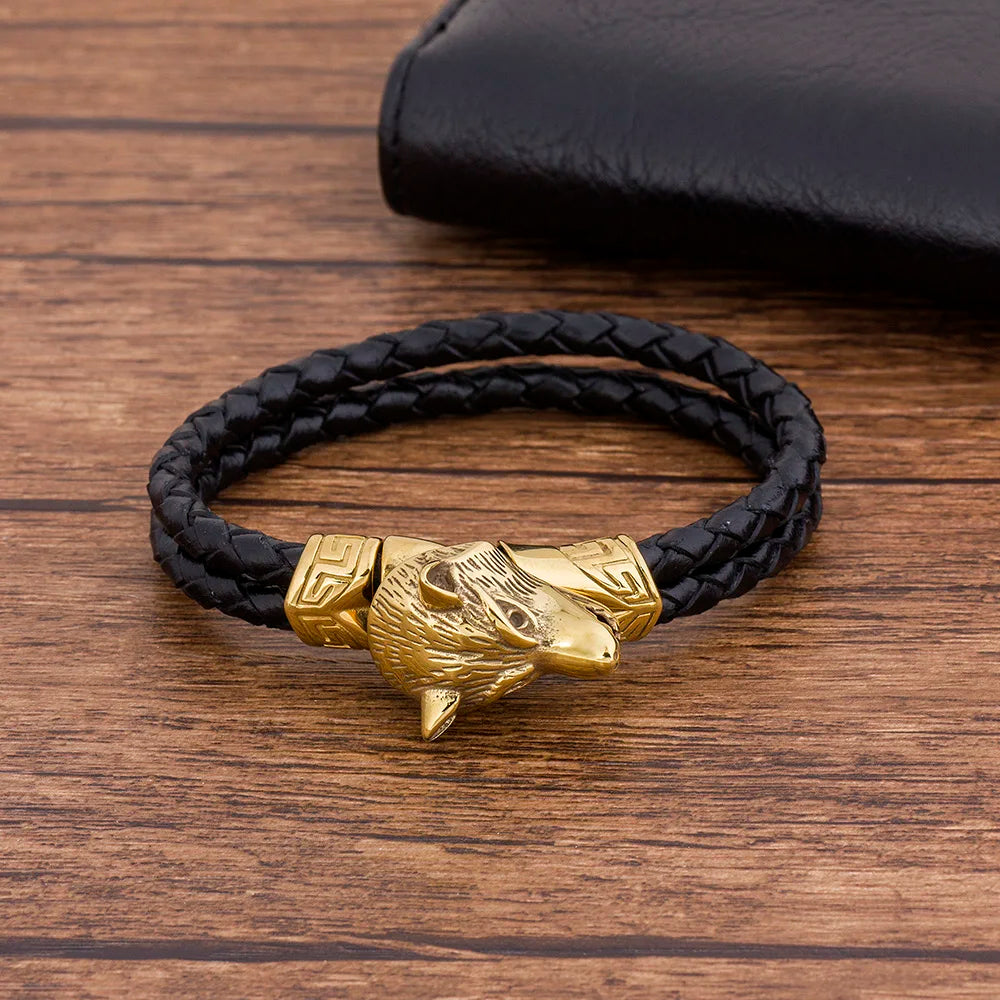 Braided Rope Wolf Charm Men's Bracelet