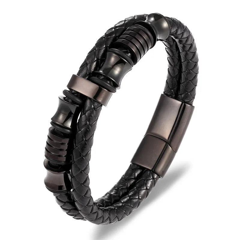 Stainless Steel Magnetic Black Leather Men's Bracelet