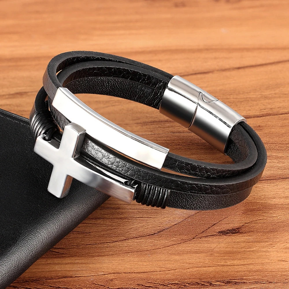 Stainless Steel Magnetic Leather Cross Bracelet