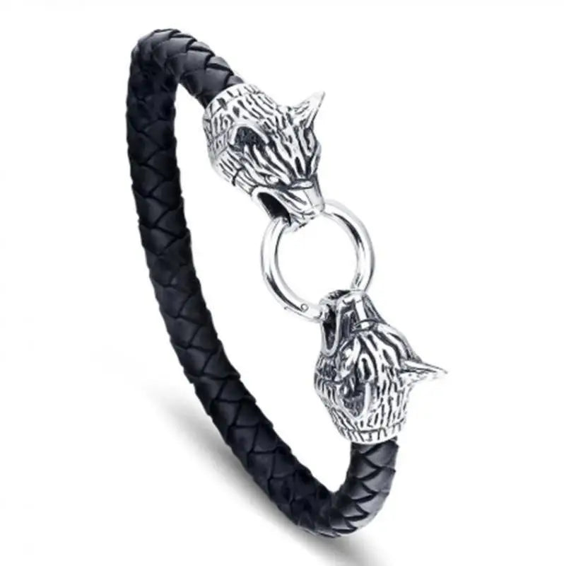 Wolf Head Leather Bracelet Men Domineering  Jewelry Men's Vintage Nordic Jewelry Gift