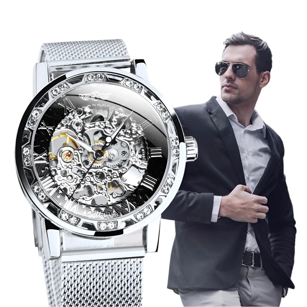 Luxury Carved Skeleton Men's Watch with Mesh Strap