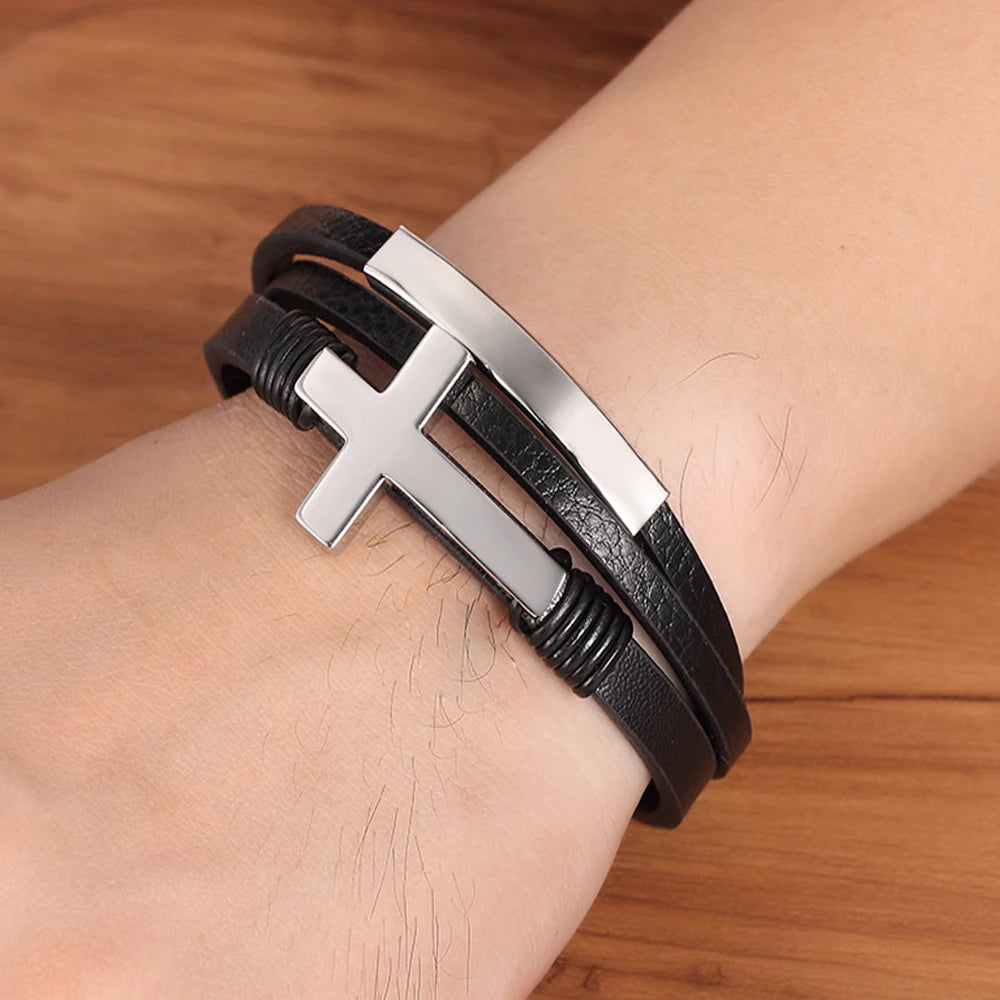 Stainless Steel Magnetic Leather Cross Bracelet