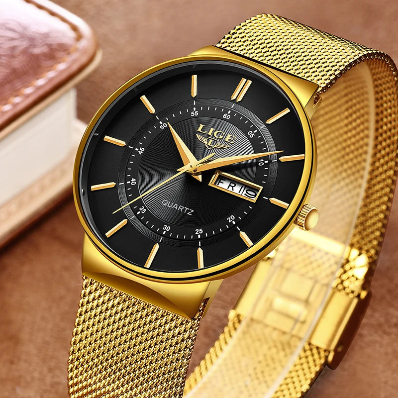 LIGE Ultra Thin Quartz Men's Watch with Steel Mesh Strap