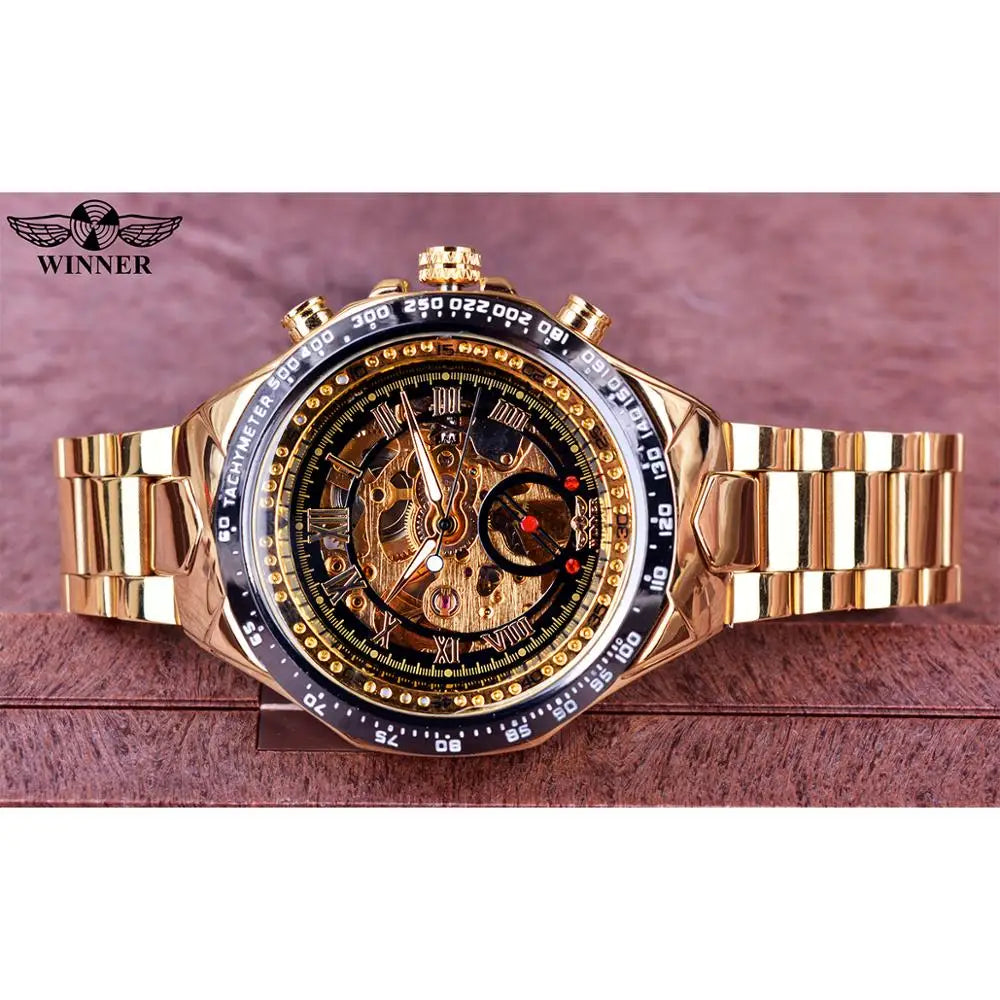 Mens Mechanical  Bezel Golden Watch