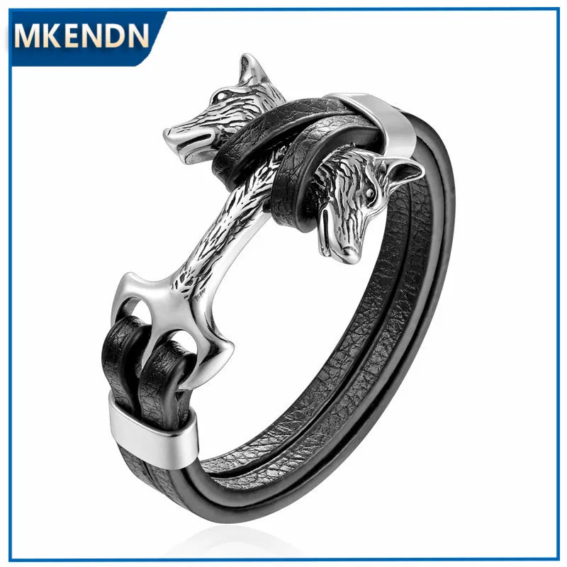 Fashion Double Wolf Shackles Leather Bracelet