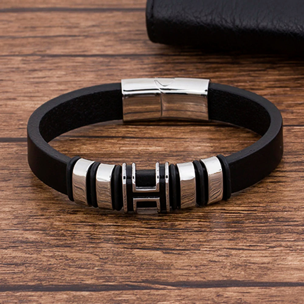 Men's Leather Stainless Steel Charm Bracelet