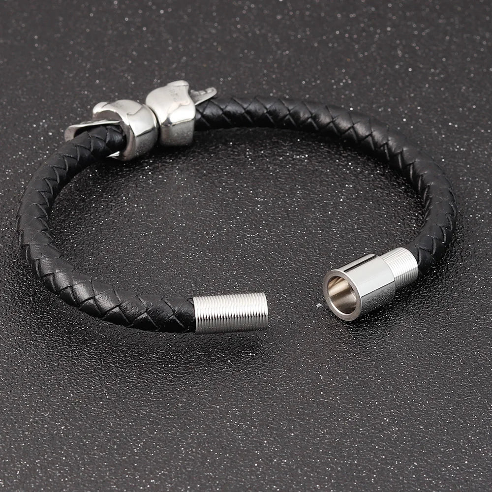 Hyperbole Black Braided Leather Skull Bracelet