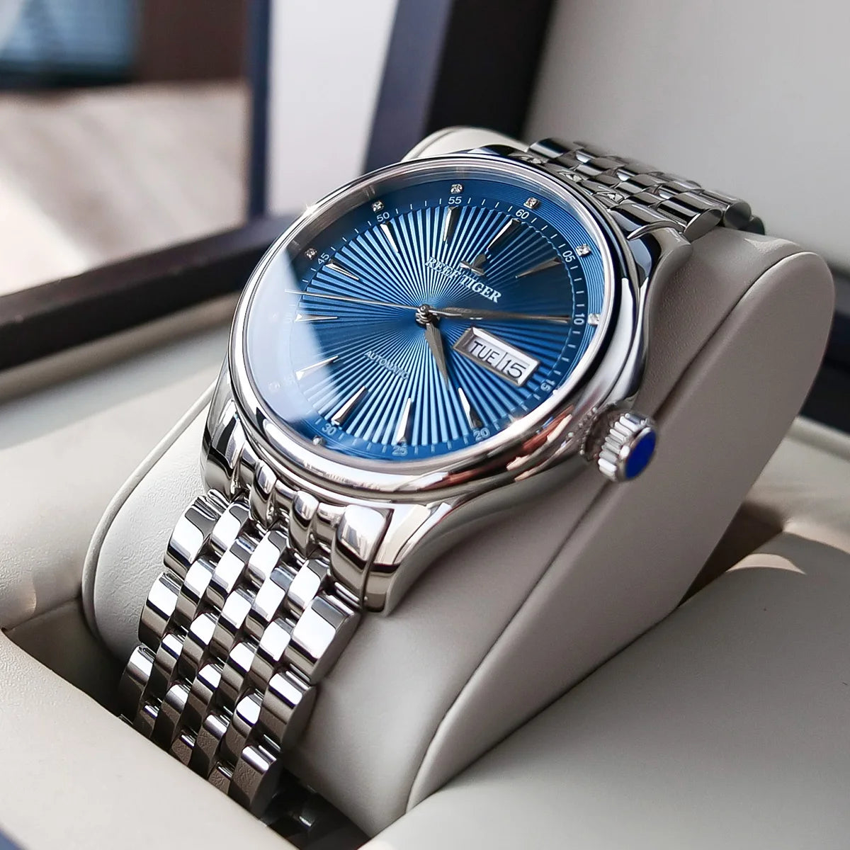 Reef Tiger/RT Luxury Dress Watch for Men Stainless Steel Bracelet Blue Dial Automatic Wrist Watch