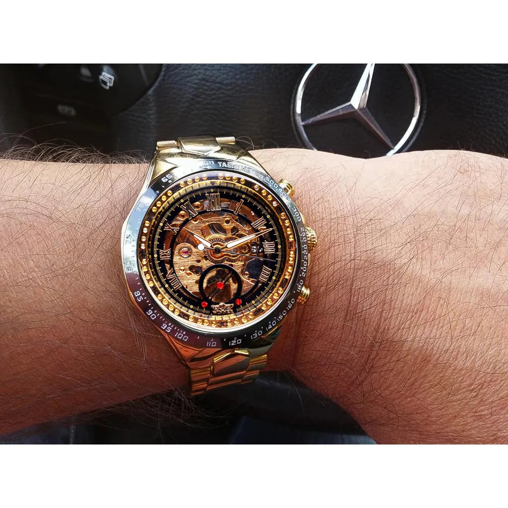 Mens Mechanical  Bezel Golden Watch