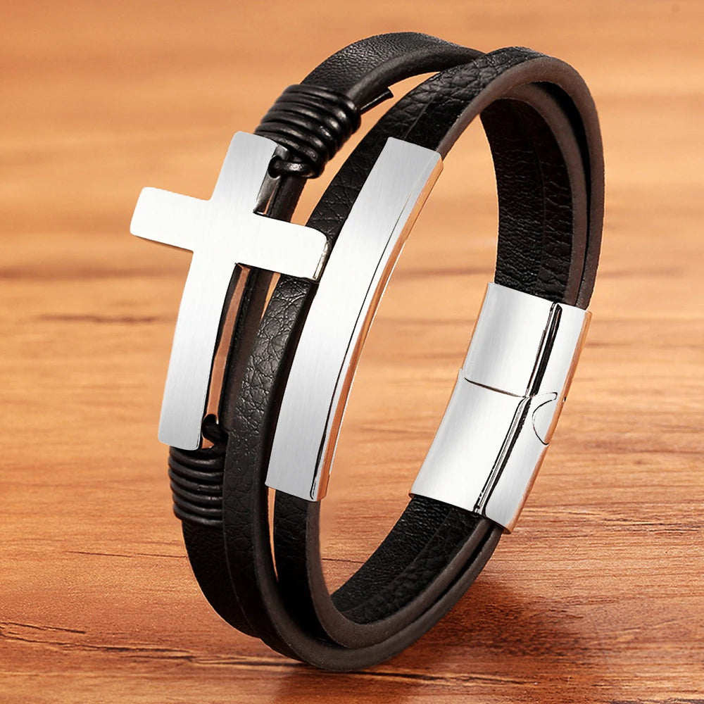 Stainless Steel Magnetic Leather Cross Bracelet