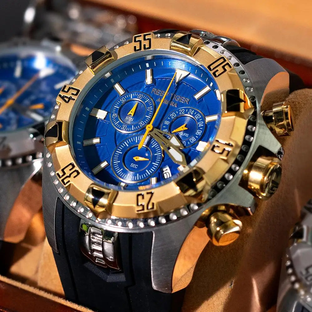 Reef Tiger/RT Super Luminous Steel Yellow Gold Watch Men Sports Quartz Watches Chronograph and Date Automatic Watches