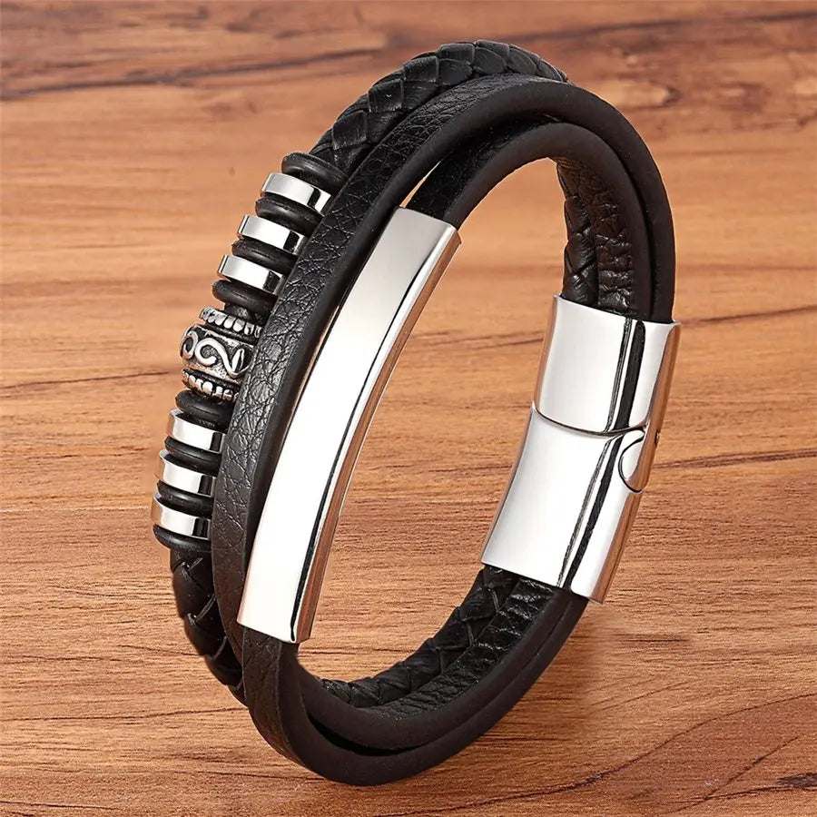 Stainless Steel Magnetic Black Leather Men's Bracelet