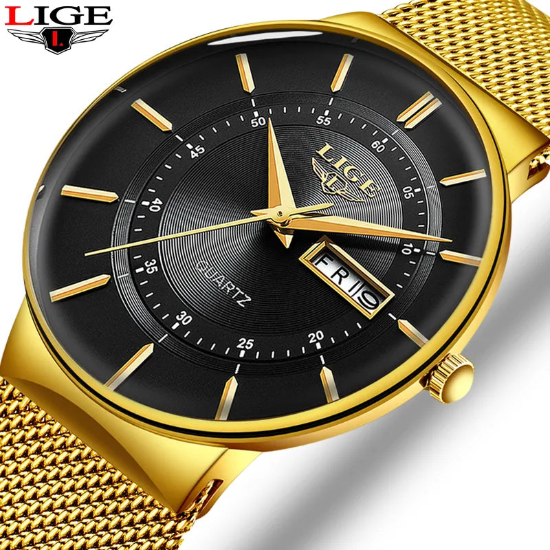 LIGE Ultra Thin Quartz Men's Watch with Steel Mesh Strap