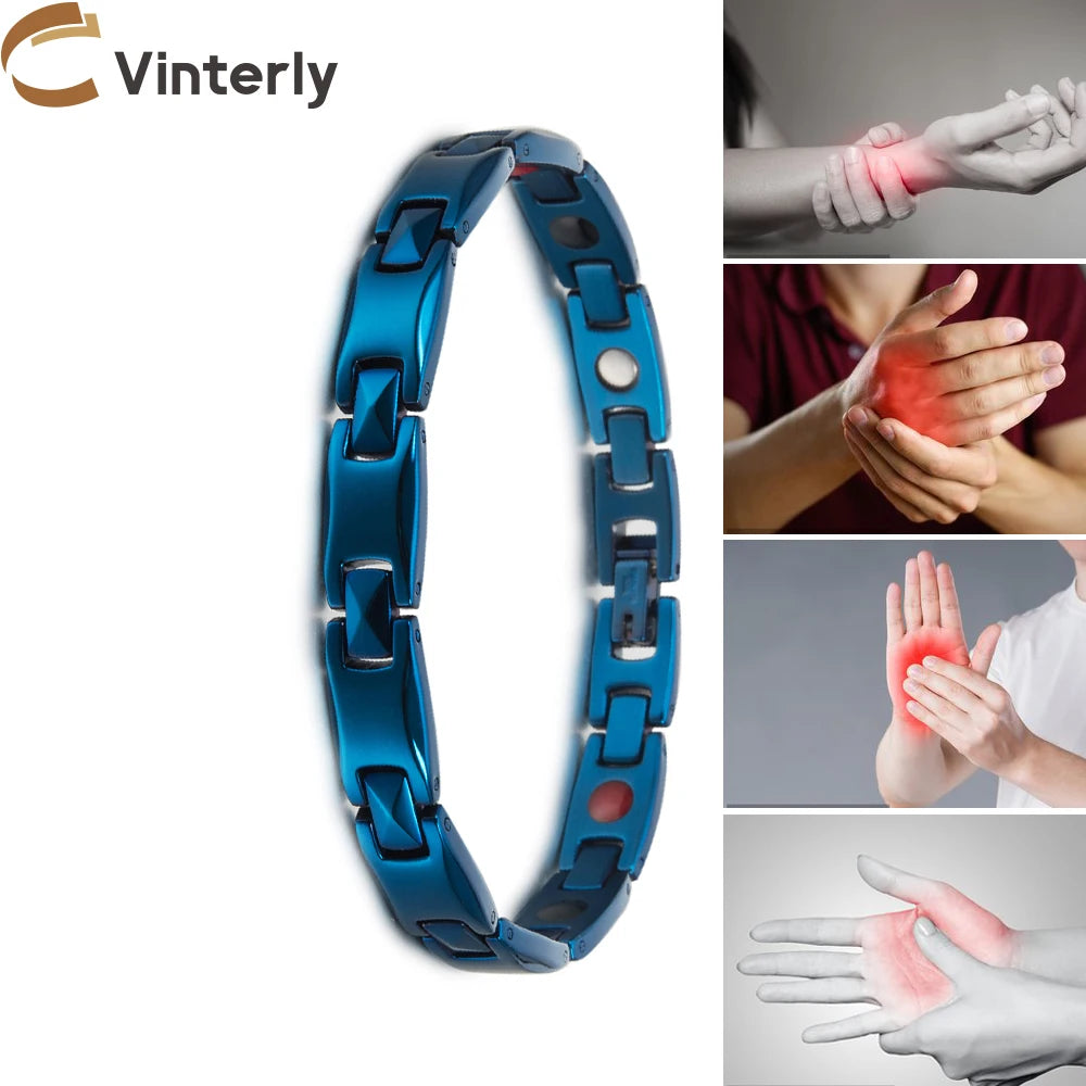 Vinterly Blue Magnetic Bracelet Men Stainless Steel Health Energy Germanium Men Bracelet Unisex Hologram Bracelets for Women Men