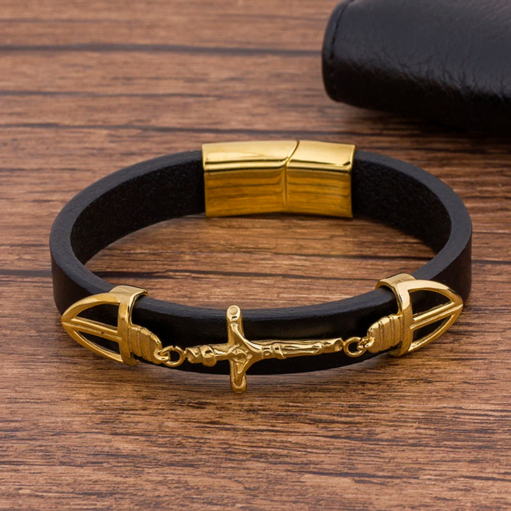 Braided Black Leather Magnetic Buckle Bracelet