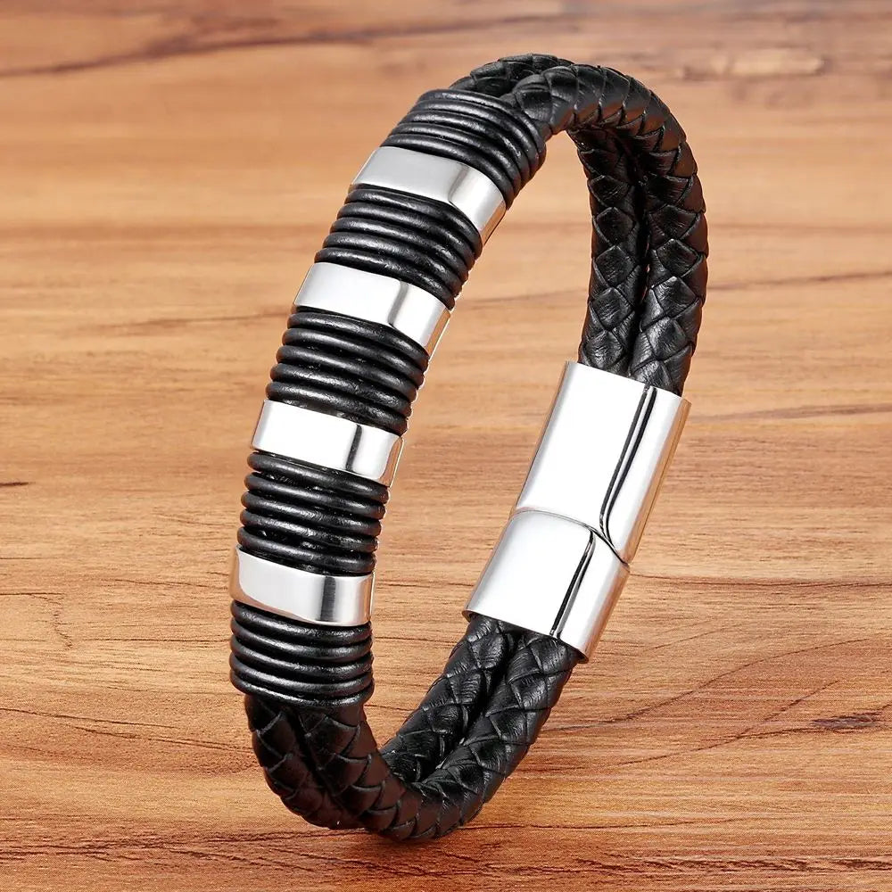 Genuine Leather Black Magnetic Buckle Men’s Bracelet