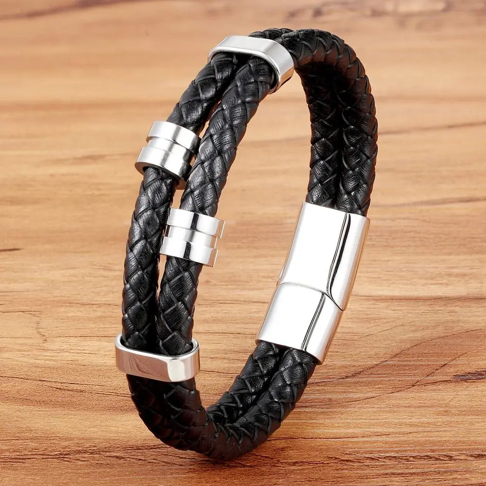 Genuine Leather Black Magnetic Buckle Men’s Bracelet