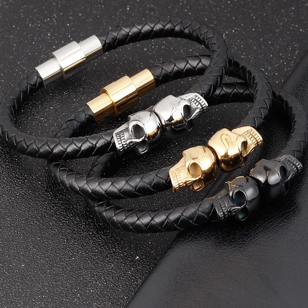 Hyperbole Black Braided Leather Skull Bracelet