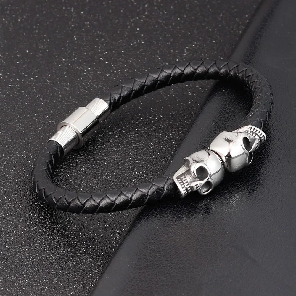 Hyperbole Black Braided Leather Skull Bracelet