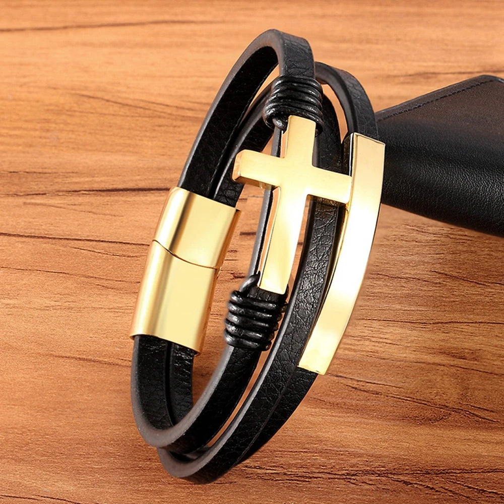 Stainless Steel Magnetic Leather Cross Bracelet