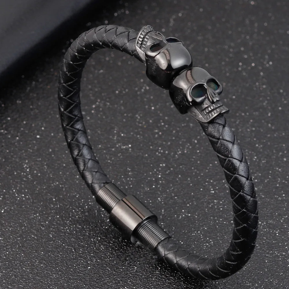 Hyperbole Black Braided Leather Skull Bracelet