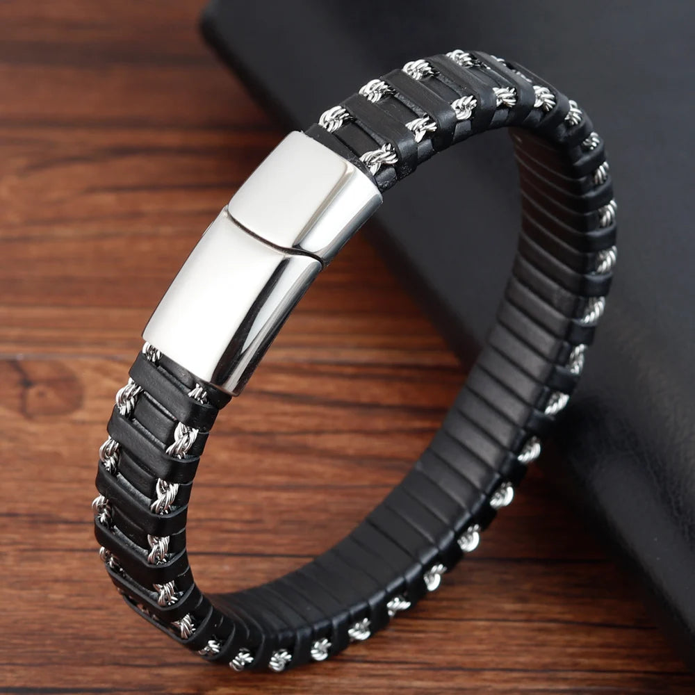 Punk Multi-Layer Stainless Steel Chain Leather Bracelet