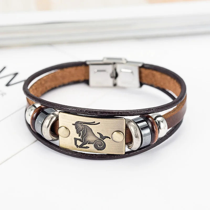 12 Zodiac Signs Bracelet for Men  Stainless Steel Clasps Genuine Leather