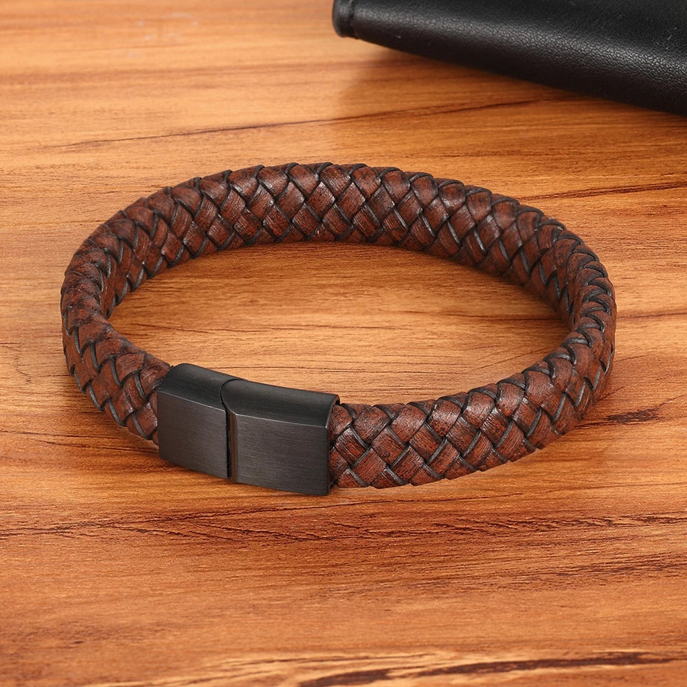 Brown Leather Stainless Steel Buckle Bracelet