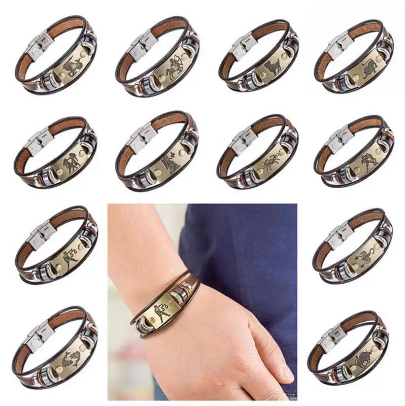 12 Zodiac Signs Bracelet for Men  Stainless Steel Clasps Genuine Leather