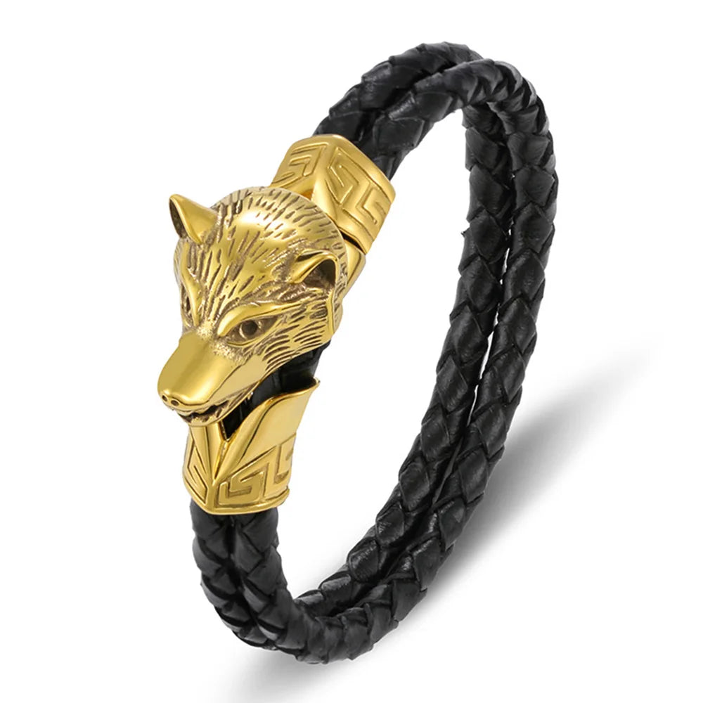 Braided Rope Wolf Charm Men's Bracelet