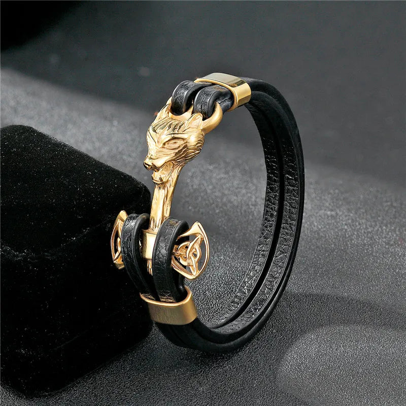 Fashion Double Wolf Shackles Leather Bracelet